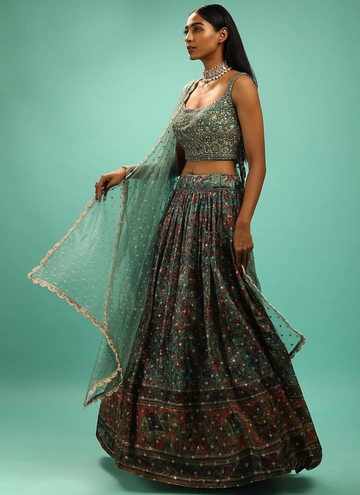 Charming Green Color Chinon Silk Flared Lehenga Choli